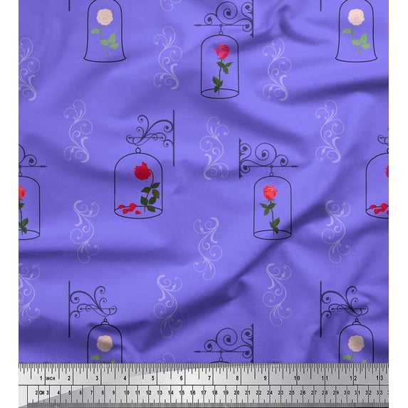 Soimoi Cotton Cambric Fabric Swirl,Bird Cage & Rose Floral Print Fabric by the Yard 56 Inch Wide