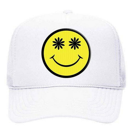 Happy Face Yellow Smile Face Daisy Eyes Unisex Embroidered Foam Front Mesh Back Trucker Hat, White