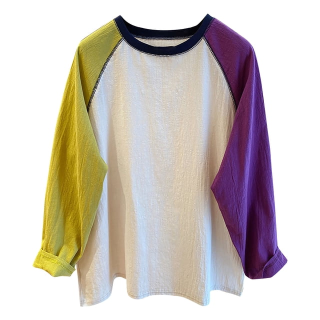 Baberdicy Plus Size Color Block T-Shirts - 2025 Long Sleeve Loose Tops (Spring/Autumn Layering Essentials, Casual Base Shirt) Purple M