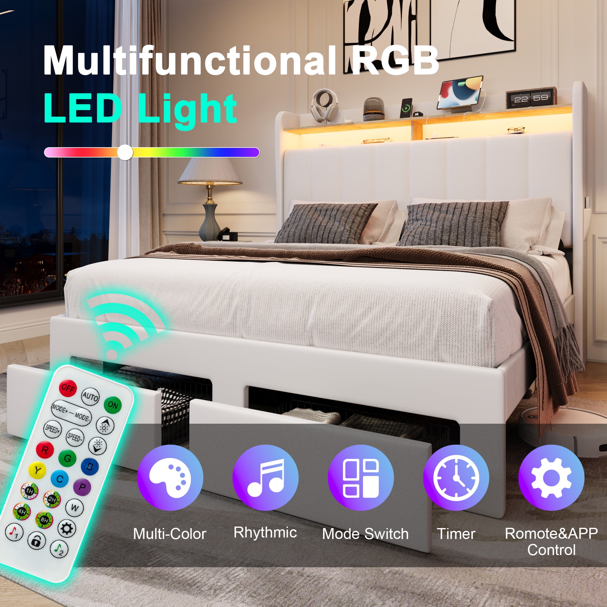 Amolife Queen Size Platform Bed Frame with 2-Tier LED Storage Velvet Wingback Headboard & 2 Storage Drawers, USB & Type-C Charging Ports, White