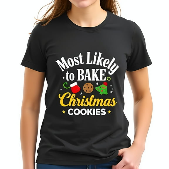Festive Black Cotton Short Sleeve T-Shirt - 'Most Likely to Bake Christmas Cookies' with Cute Holiday Illustrations