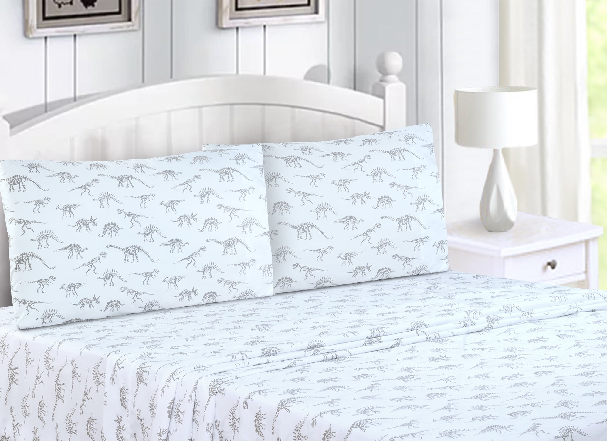 Your Zone Super Soft Gray Dino Sheet Set, Twin, 3pc, Machine Wash, 100% Polyester Microfiber