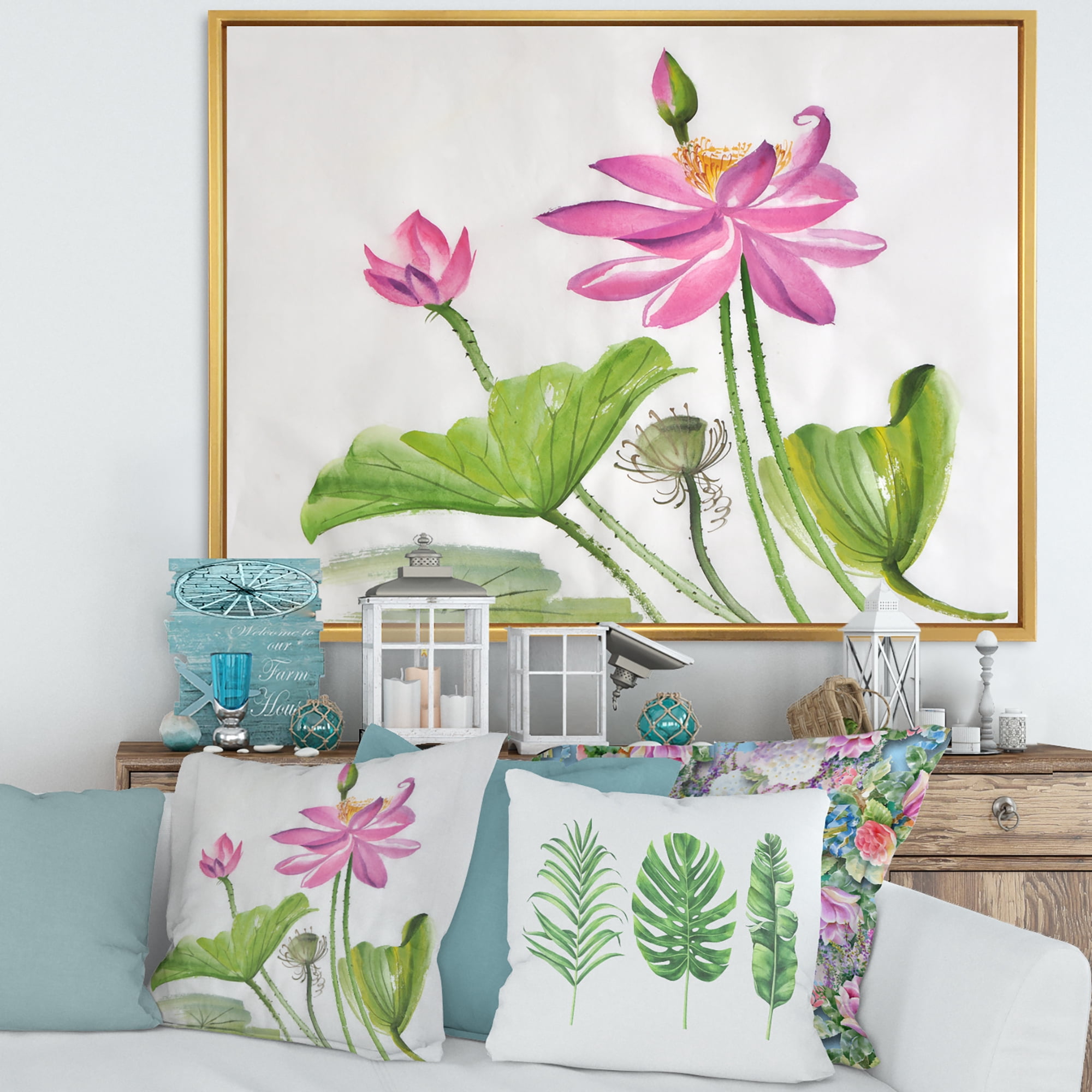 Two Pink Lotus Flowers With Green Leaves 32 in x 16 in Framed Painting Canvas Art Print, by Designart