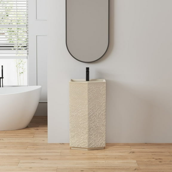 MEDUNJESS Upgraded Pedestal Bathroom Sink Solid Surface Irregular Bathroom Sink with Faucet Hole & Inspection Port(34 Inch Tall)