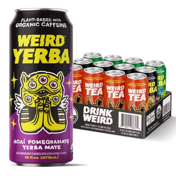 Drink Weird Organic Yerba Mate & Tea Variety Pack, 12pk 16oz Cans, Acai Pomegranate, White Peach Oolong, Mystical Mint Energy Drink Alternative