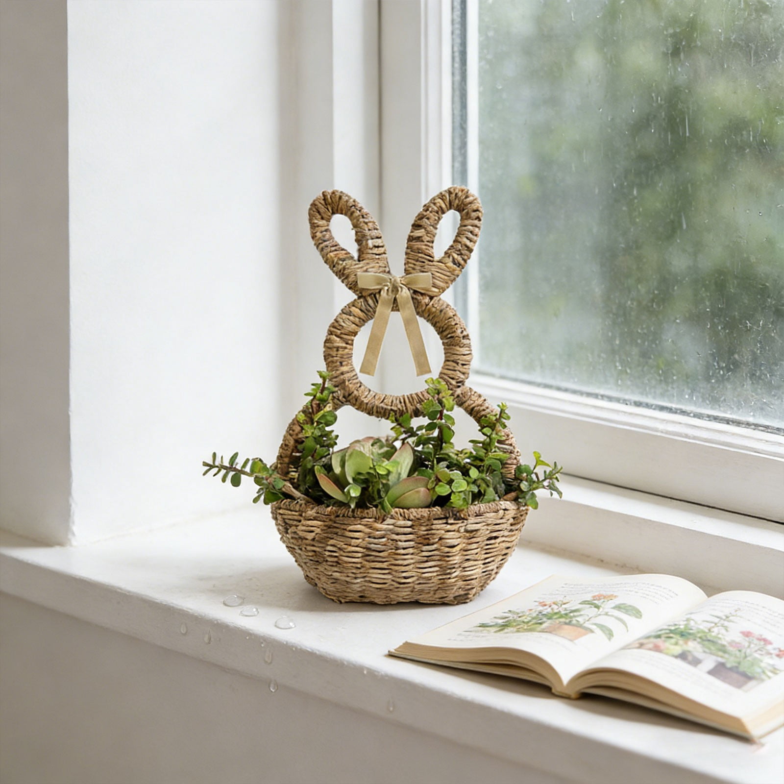 ERTZAE Natural Rope Woven Craft,Durable Natural Rope Woven Basket,Easter Bunny Design Planter,Festive Holiday Decoration,Beige Rope Woven Bunny Flower Basket 16x8Inch,Easter Planter & Storage Decor