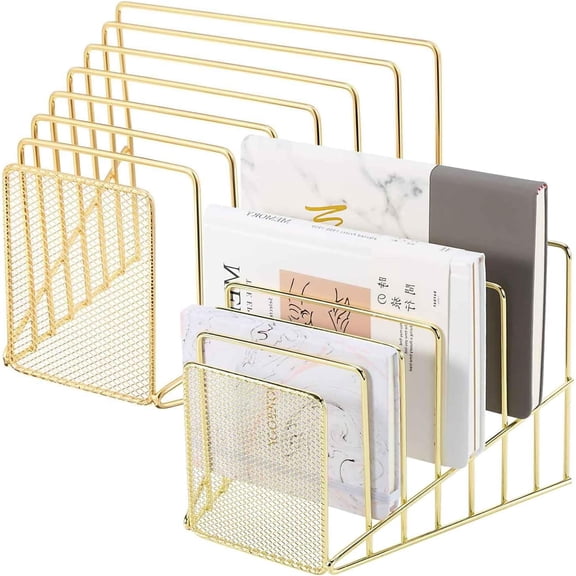 1 Pack Incline File Sorter, 7 Slot Magazine Holder for Letter, Document, Folder and Book, Metal Desktop Organizer Rack for Home, School and Office, Gold