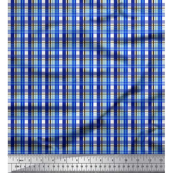 Soimoi Blue Poly Georgette Fabric Plaid Check Print Sewing Fabric Yard 52 Inch Wide