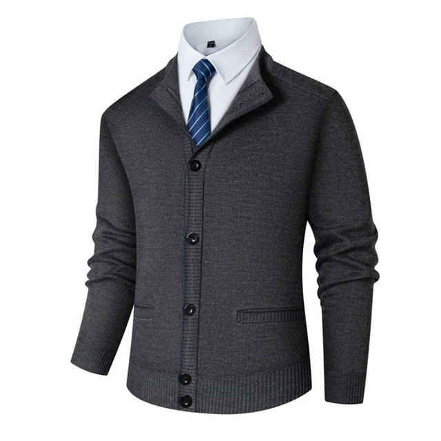 Handshe Men's Solid Color Stand Collar Thickened Sweater Coat, Button Front Cardigan for Casual Fall Winter Outwear