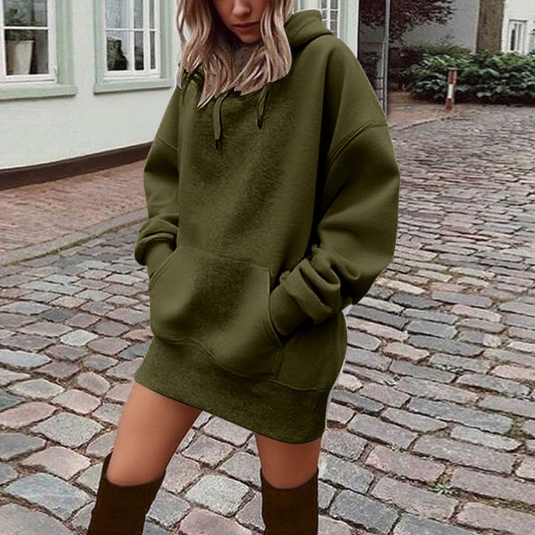 UJNDER Sweatshirt Dress for Women Solid Color Hooded Pocket Pullover Long  Sleeve Casual Oversized Army Green XXL - Walmart.com