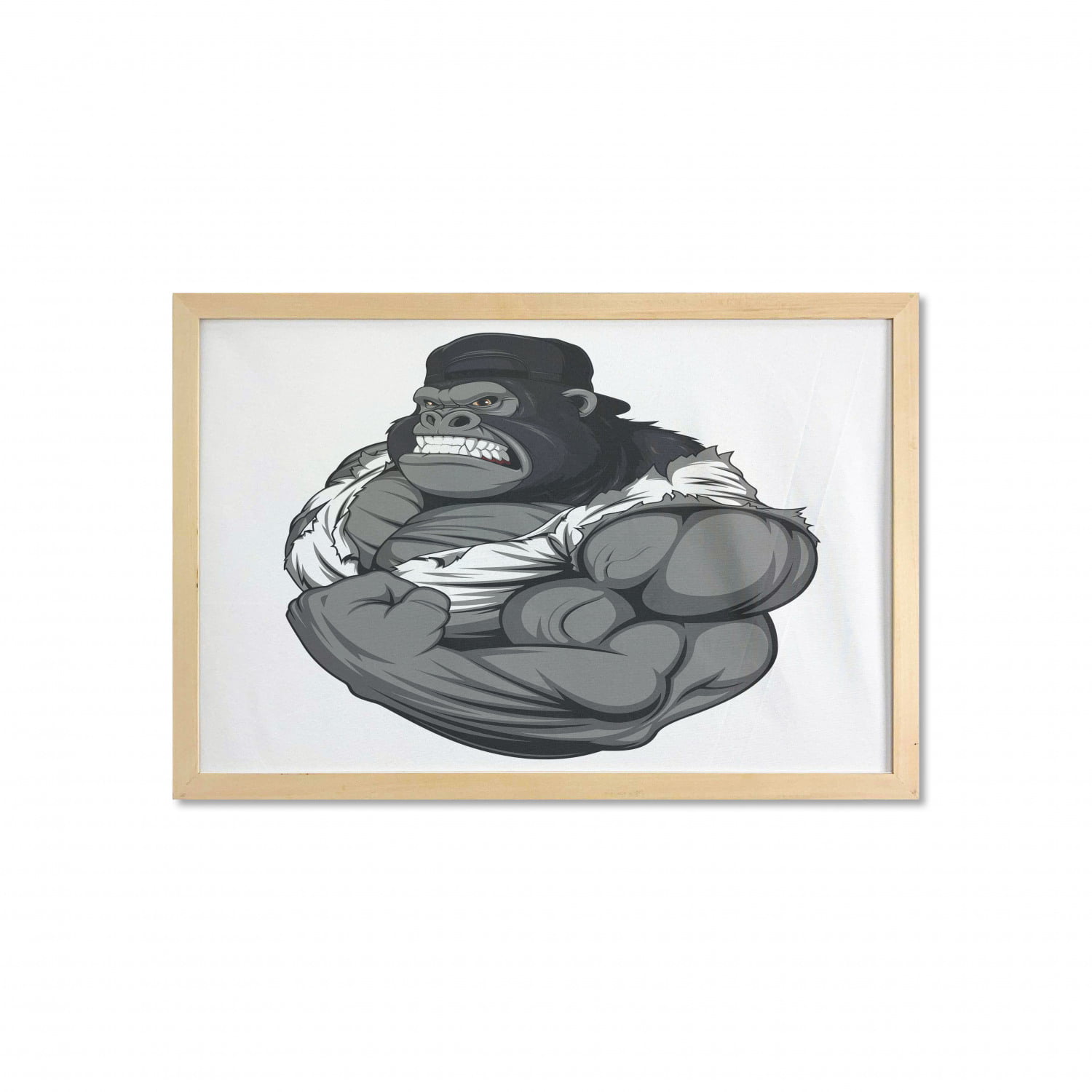 Cartoon Wall Art with Frame, Image of Big Gorilla Like as Professional  Athlete Bodybuilding Gym Animal, Printed Fabric Poster for Bathroom Living  Room, 35