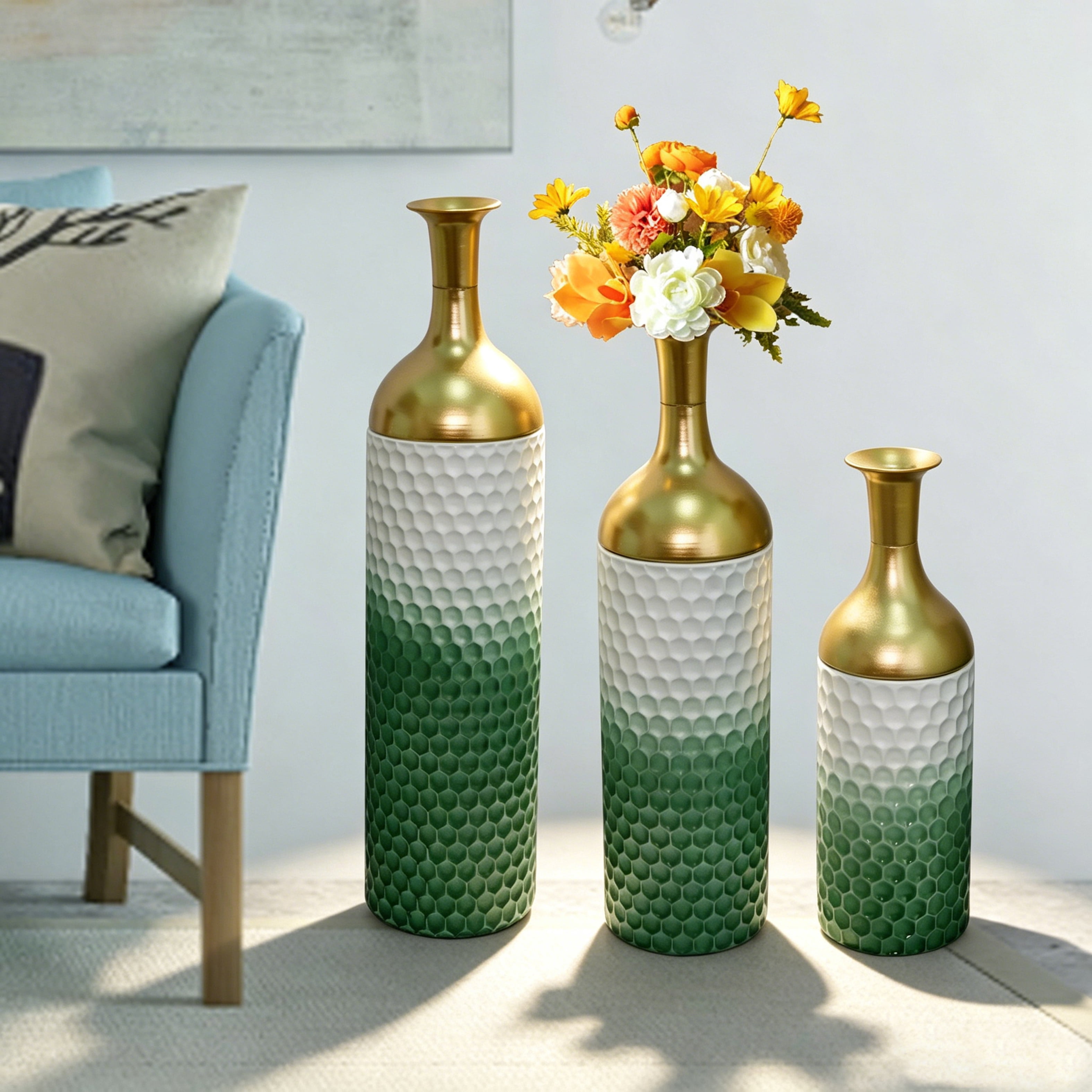 Metal Floor Vases Set of 3 with Leaf Pattern, Tall Decorative Vases and Home Decor Accents for Living Room Entryway, White and Green