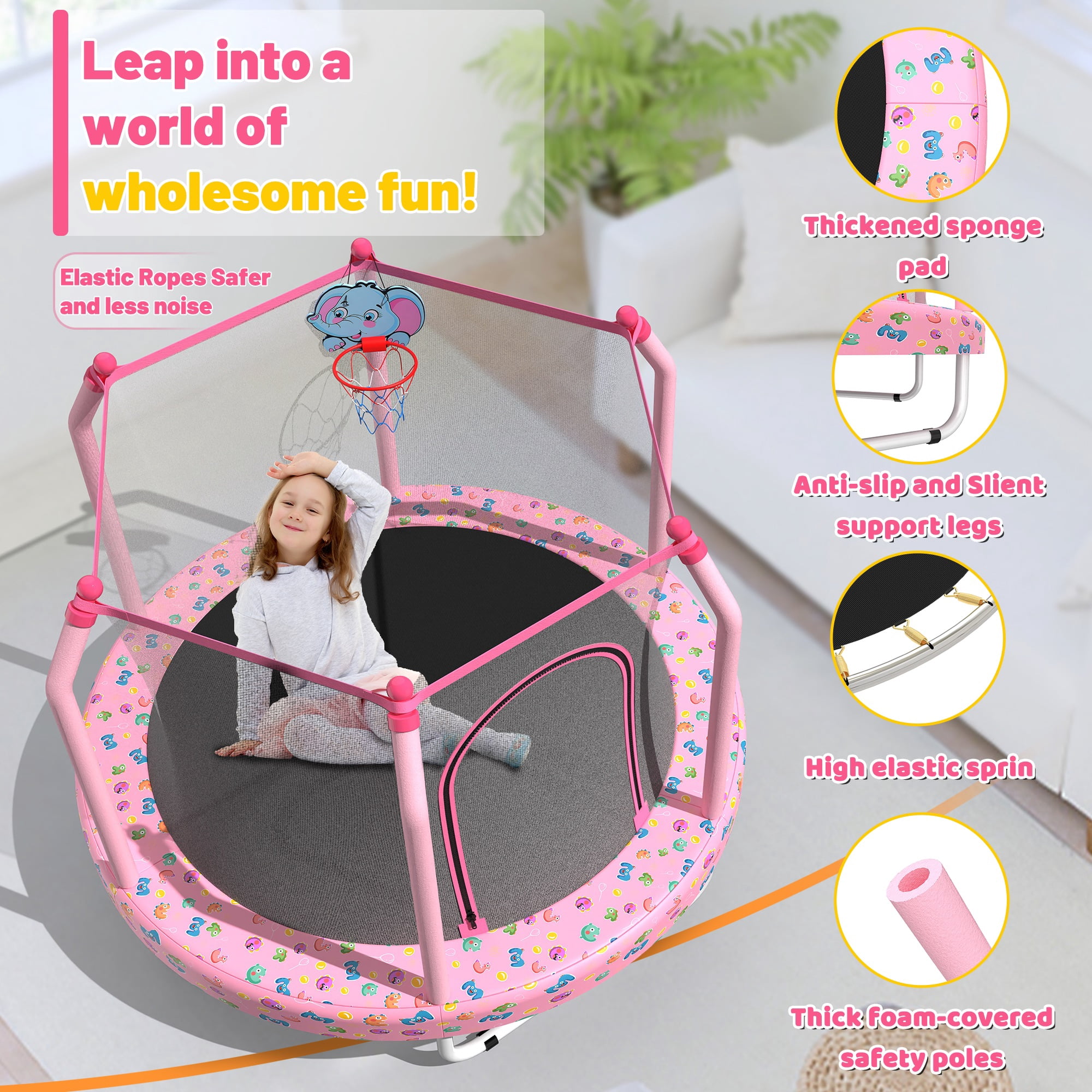 55" Trampoline for Kids, Mini Toddler Trampolines Indoor with Basketball Hoop & Safety Enclosure Net, No-Gap Safe Design for Boys Girls Ages 1-8