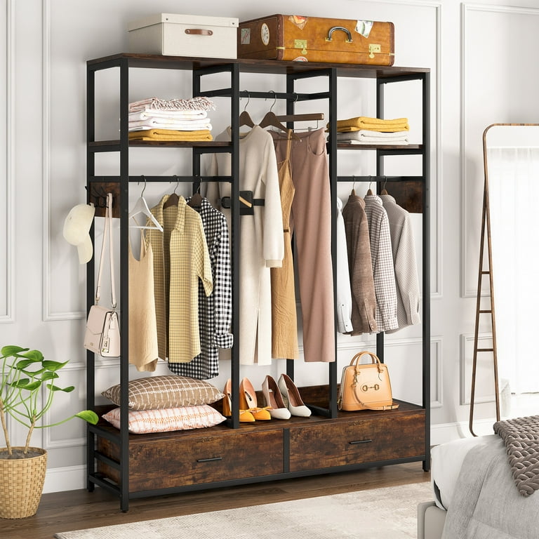 Tribesigns Freestanding Closet Organizer with 2 Drawers, 71''H Heavy Duty  Garment Rack with Shelves and 6 Hooks, Wardrobe Clothes Rack for Bedroom,  Rustic Brown