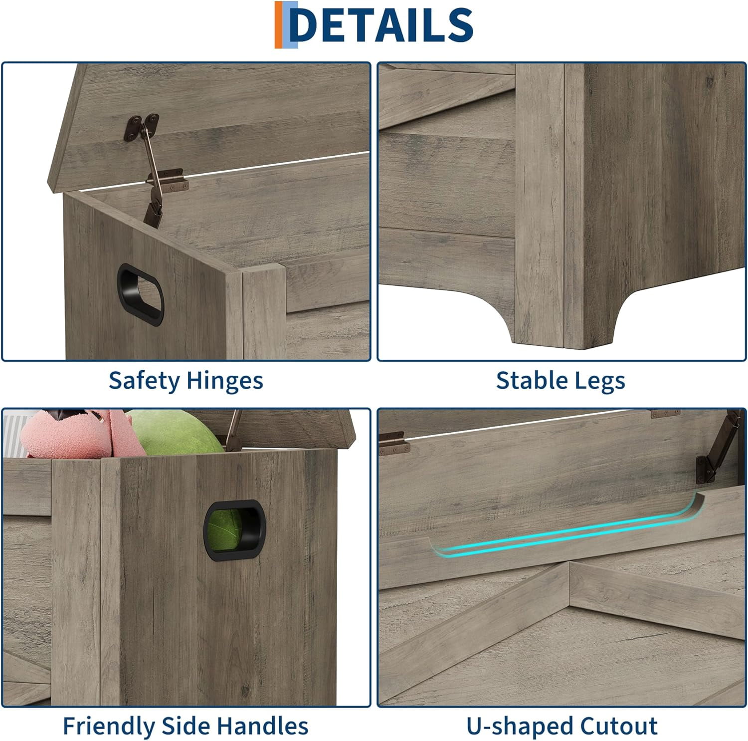 Garvee 39.4" Wooden Storage Chest with Safety Hinges, Large Storage Bench and Toy Box for Entryway, Living Room, or Bedroom, Easy to Assemble, Grey