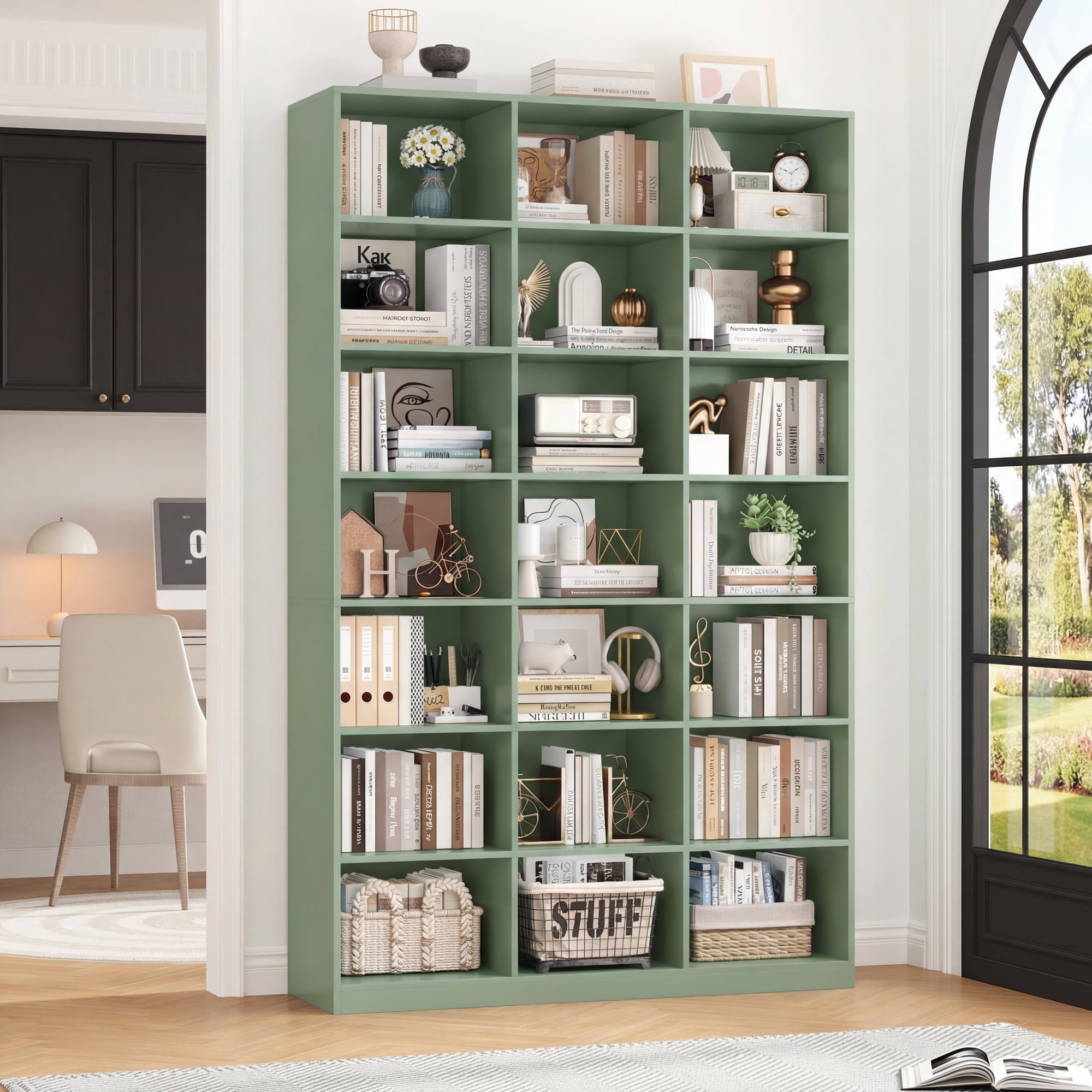 Hiphuta 21-Cube Bookcase, 86"H Tall Wooden Bookshelves for Bedroom, Living Room and Office, Freestanding Display Shelves Cube Organizer, Green