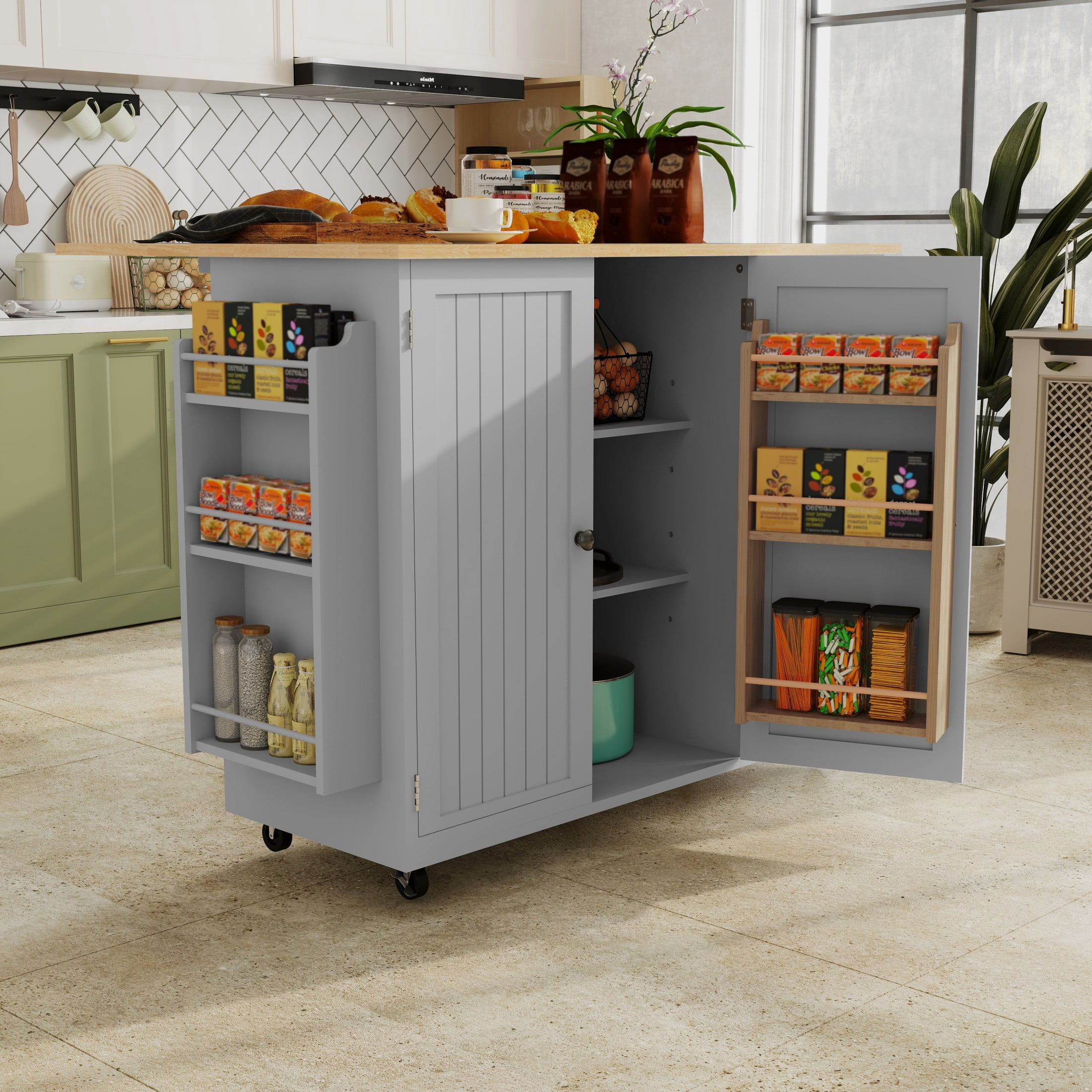 50.4" Kitchen Island with Storage,  Expandable Solid Wood Top Cart with Drop Leaf and Wheels, Grey