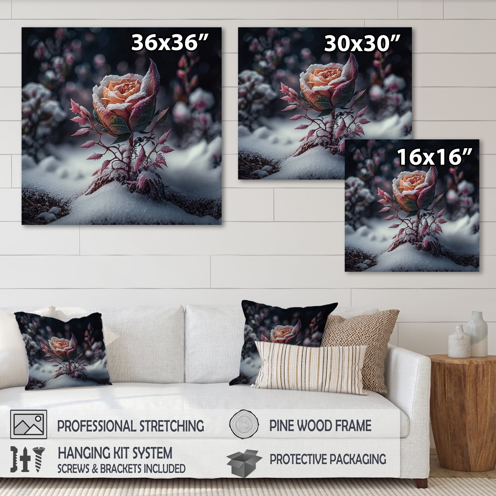 Designart A Blooming Pink Rose Flower In Winter II Canvas Wall Art