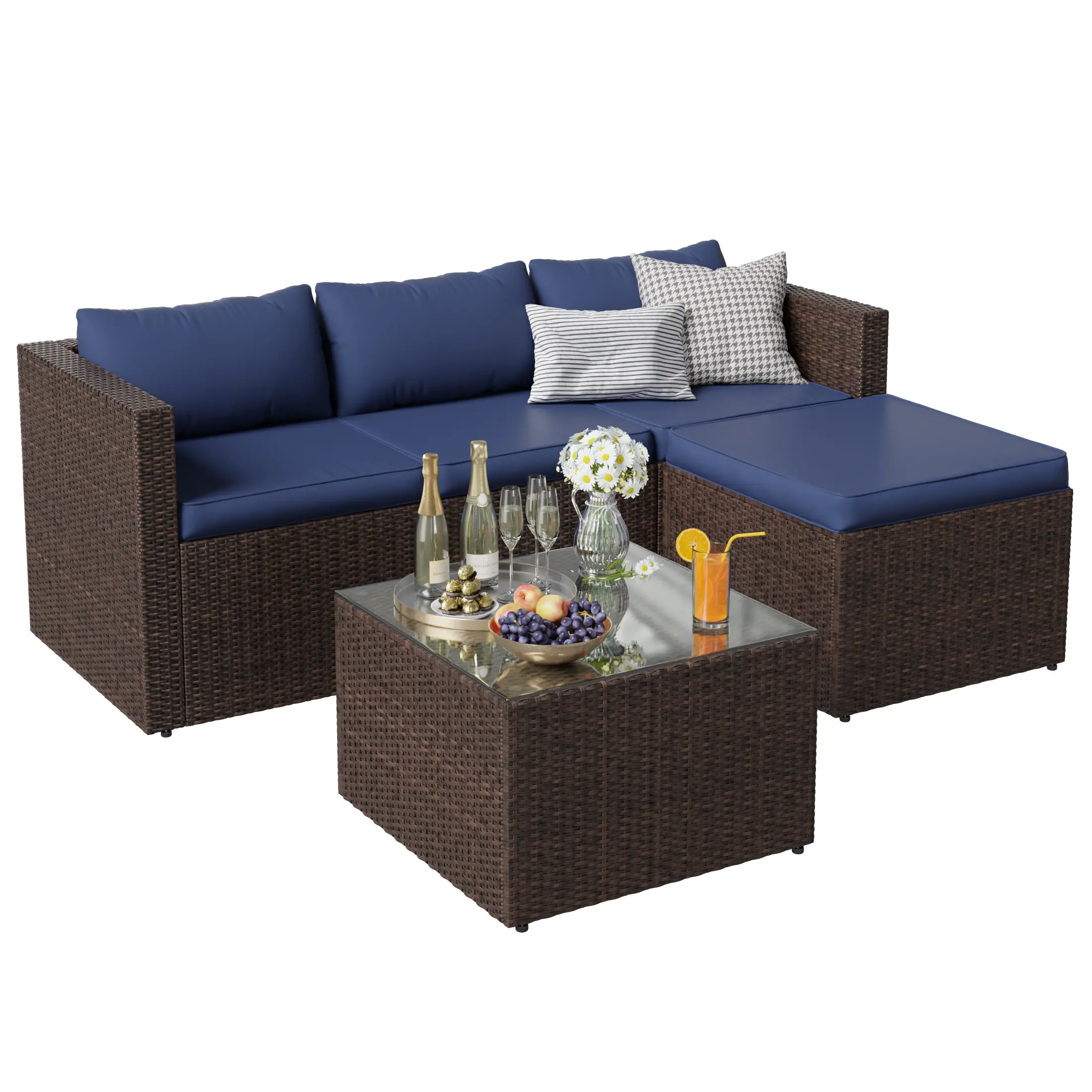 UDPATIO 5-Piece Patio Furniture Set,Outdoor Patio Furniture Set All-Weather Rattan Wicker Patio Conversation Set with Ottoman, Cushions & Glass Table for Garden & Backyard,Navy Blue