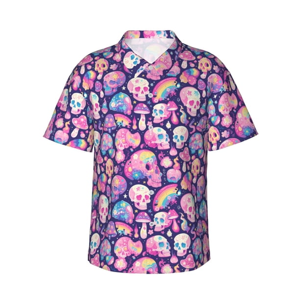 Fotbe cartoon rainbow Skull Camisa Hawaiana para Hombre Unisex – Camisa Casual de Verano con Botones de Manga Corta de Algodón y Lino,XX-Large
