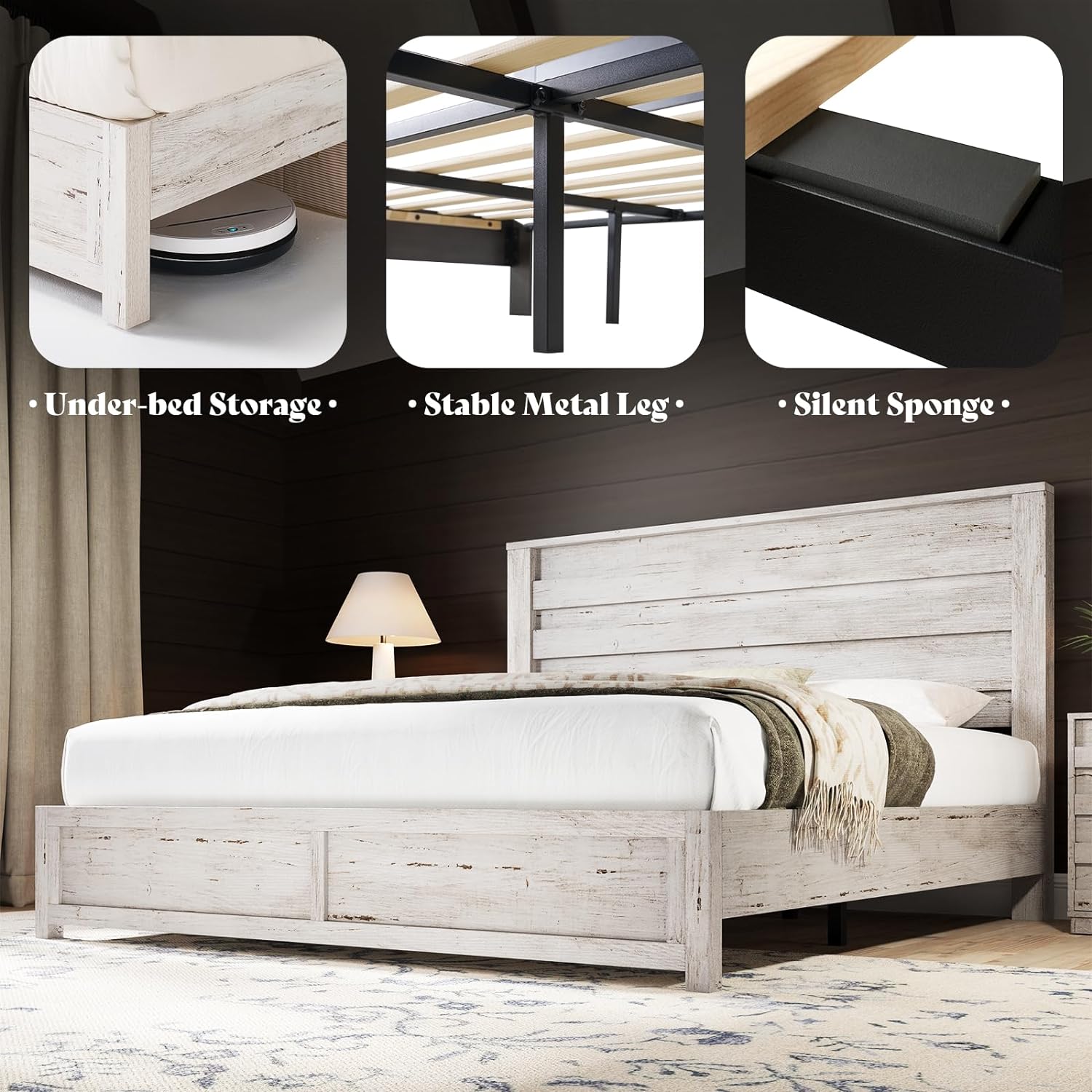Merluxy Farmhouse King size Bed Frame with 49" Scalloped Headboard, with Natural Woodgrain Finish, No Boxspring/No Noise, Distressed White