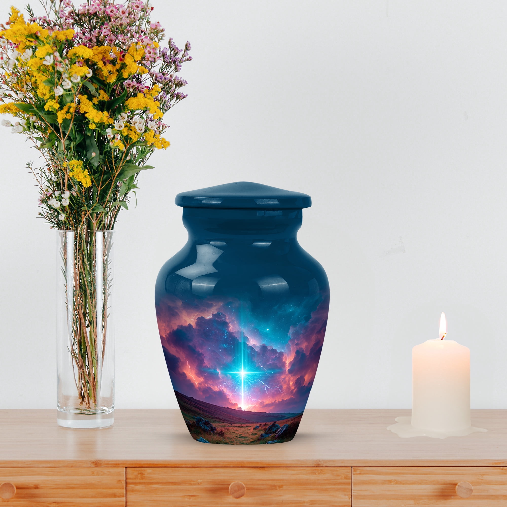 MUKTIVE Cross Small Cremation Urns for Human Ashes Female, Keepsake Navy Blue Urns for Human Ashes Adult Man, Mini Landscape Memorial Urn with Decorative Gift for Mom, 3 Inch