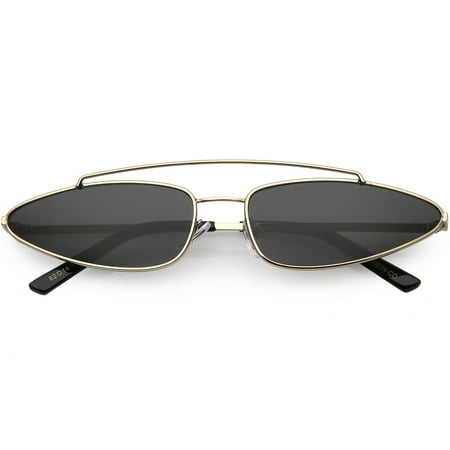 Slim Metal Cat Eye Sunglasses Double Nose Bridge Slim Arms Flat Lens 61mm (Gold / Smoke)