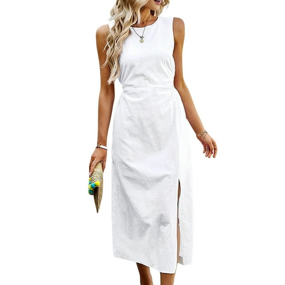 Womens Casual Dresses Solid Color Dress Long Sleeveless Vest Skirt Summer Temperament Waist Cinching White XL
