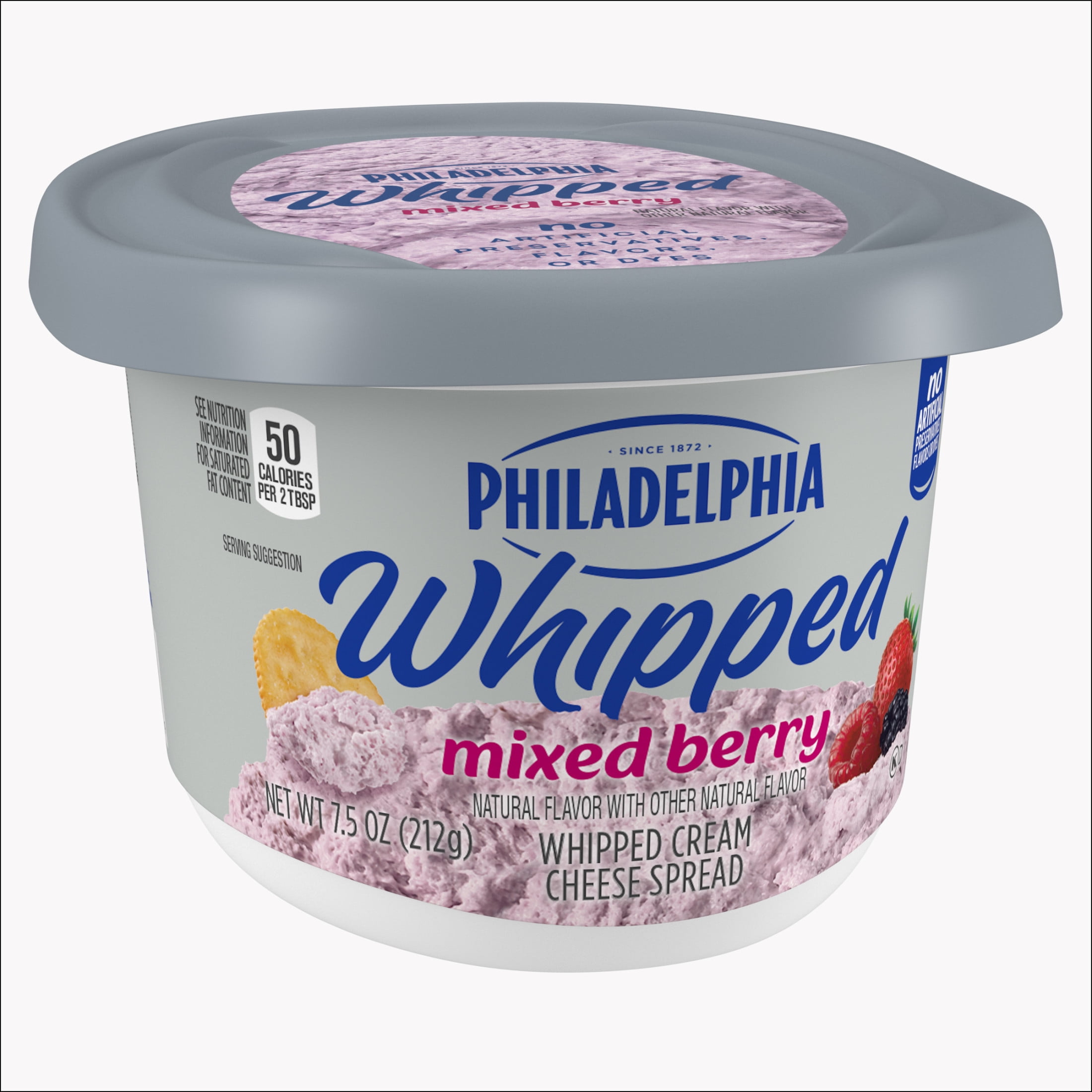 Philadelphia Whipped Flavored Cream Cheese Spread, 1 Tub, for Smooth, Spreadable Mornings, Mixed Berry Natural Flavor with Other Natural Flavor, No Artificial Preservatives, Flavors or Dyes, 7.5 oz