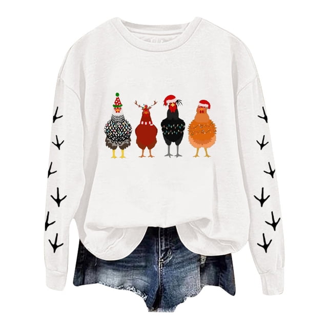 WEAIXIMIUNG Chandail en Molleton Court Grande Taille Noël Oversize Femmes Manches Longues Col Rond Chandails en Molleton Imprimé Poulet Léger Ample Haut