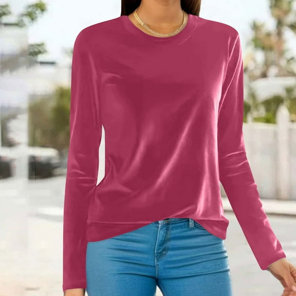 Blmnix Hot Pink Womens Blouses Dressy Plain Womens Long Sleeve Tops Crew Neck Tops