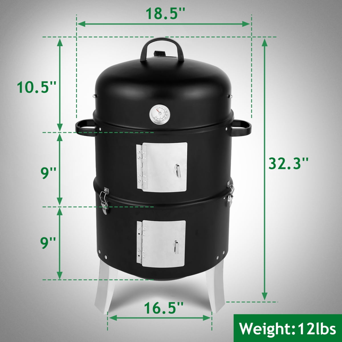 Vertical 18.5'' Steel Charcoal Smoker, Heavy Duty 3-in-1 Double Layer Round BBQ Grill with Built-in Thermometer and Adjustable Vent, for Outdoor Cooking, Black