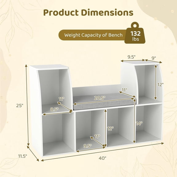 Kids Bookshelf with Reading Nook, 6 Cubby Bookcase with Soft  Cushion, Wooden Toy Storage Organizer with  for Kids Room