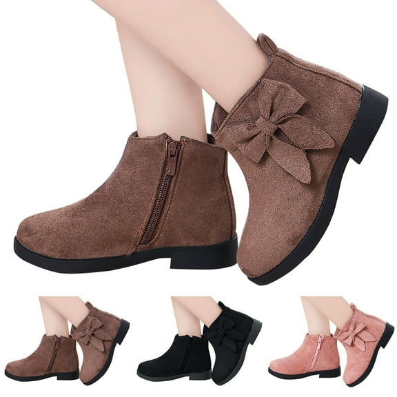 Dakaela Girls Ankle Boots Kids Bow Side Zipper Ankle Booties Suede Low Heel Outdoor Chelsea Dress Shoes Black 12.5