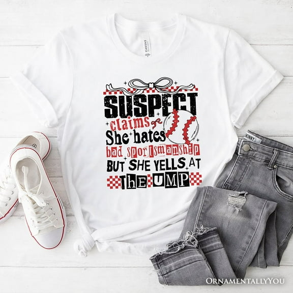 Baseball Suspect Claims Fun T-Shirt, Retro White and Natural Tee With Coquette Bow