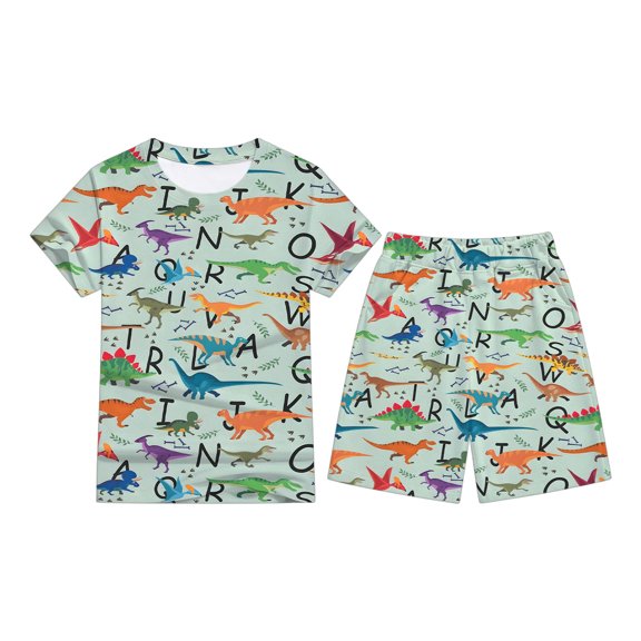 Boys 2 Piece Outfits Cartoon Construction Truck Dinosaur Print Short Sleeve T-Shirt and Elastic Waist Shorts, Kids Summer Casual Outfit for School Outdoor Daily Wear(Light Green,6-7 Years)
