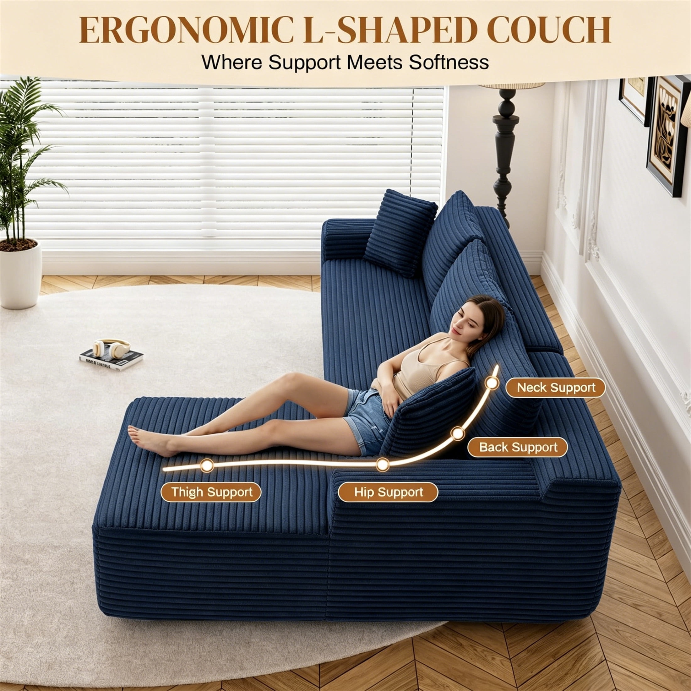Aukfa 96" Cloud Sectional Sofa Deep Seat Boneless Couch Modular L-Shaped Couch, Left Chaise Corduroy Sofa for Living Room, Blue