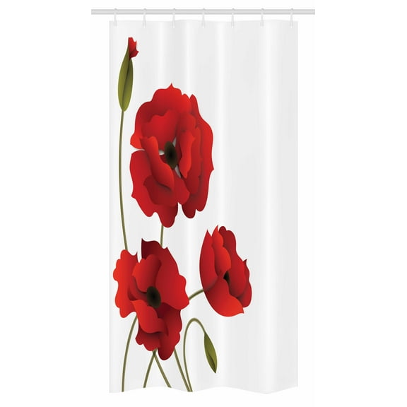 Floral Stall Shower Curtain, Poppy Flowers Bright Petals with Buds Pastoral Purity Mother Earth Nature Design, Fabric Bathroom Set with Hooks, 36W X 72L Inches Long, Red Green, by Ambesonne