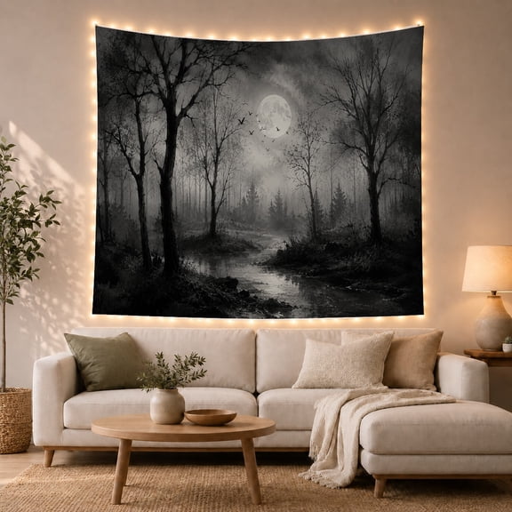 Moon Stars Monochromatic with Nighttime Forest Grayscale Subtle, Spooky Gothic for Gothic Decor Fans, Dark Art Decor, Halloween Gift, Tapestry Wall Hanging for Bedroom and Dorm