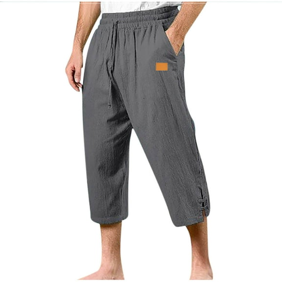 Mgmyaa Men's Capris Casual Summer Solid Color Elastic Waist Drawstring Pocket Pants