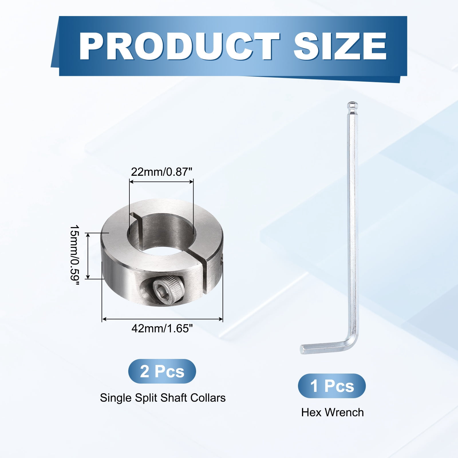 Uxcell 2Pcs Single Split Shaft Collars, 22mm Bore 304 Stainless Steel One-Piece Clamping Collar 42mm OD 15mm Thick Locking Clamp with Set Screw for Industry Machine Tools, Silver