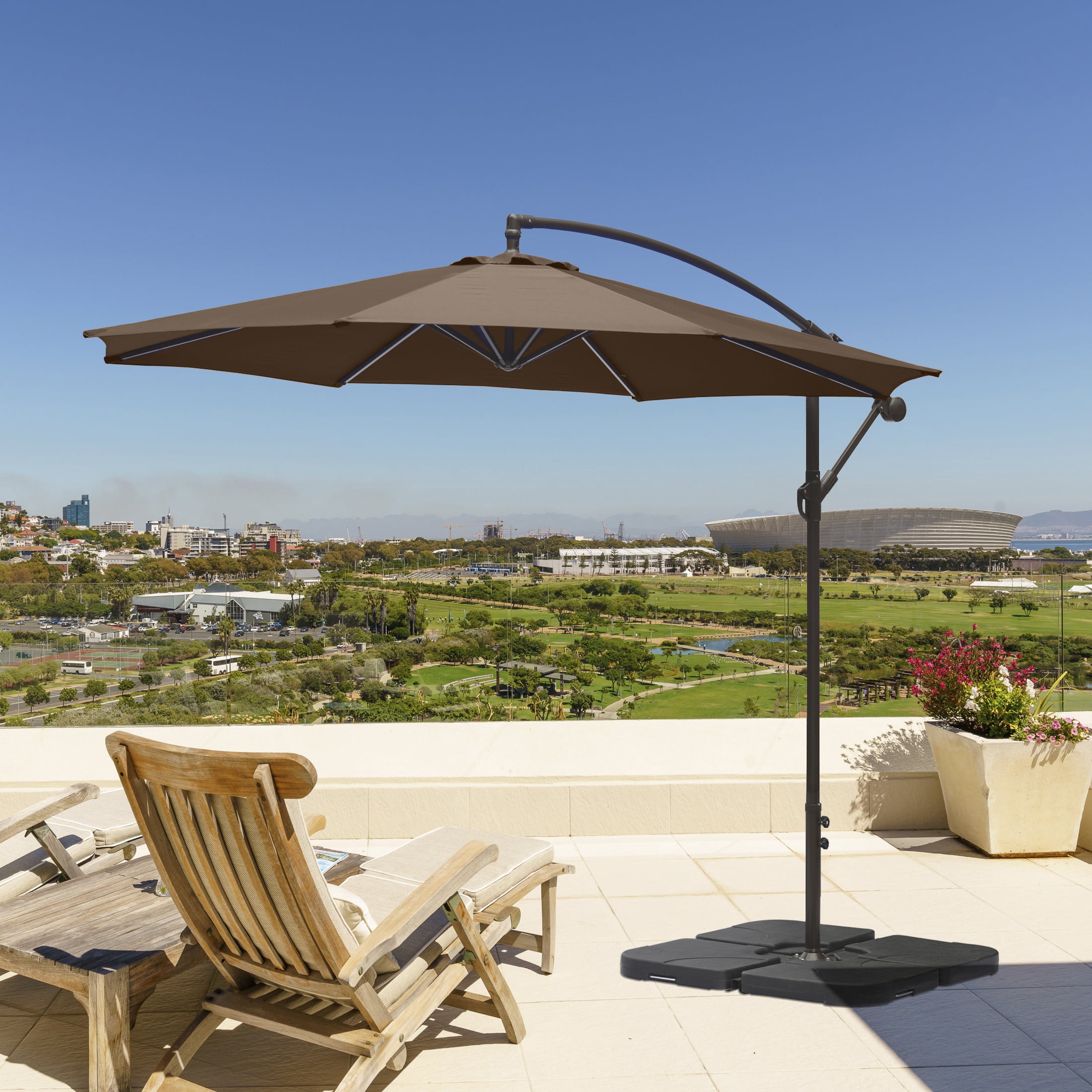 Polytrends Steele 10-ft. Offset Patio Umbrella with Weight Base Stand Coffee