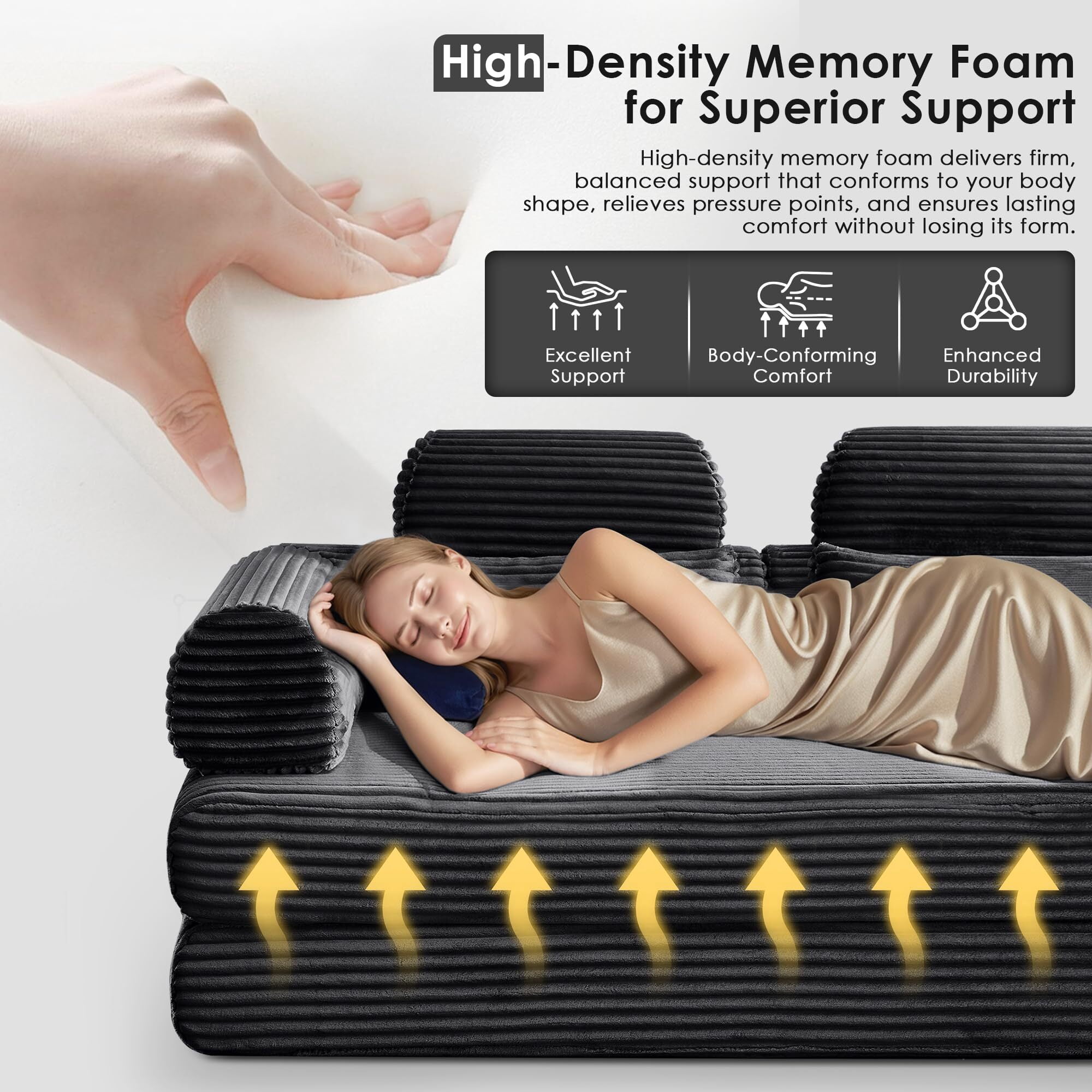 Howcool 78.5” Convertible Sleeper Sofa Bed, Foldable Corduroy Loveseat Couch, Boneless Compression Sofa with Memory Foam, No Assembly Required,Black