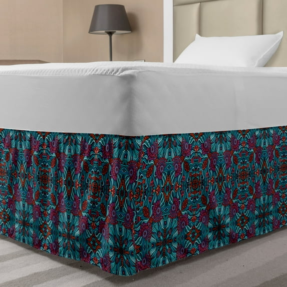 Ethnic Bed Skirt, Abstract Ornamental Swirls and Curves Pattern with Foliage Leaves and Flowers Desgin, Elastic Bedskirt Dust Ruffle Wrap Around for Bedding Decor, 4 Sizes, Multicolor, by Ambesonne