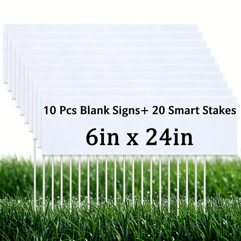 Active Mind Ltd 10 Pack Blank Yard Signs with Stakes 6x24 Inch Double-Sided Corrugated Plastic Weatherproof for Garage Sales Open House Outdoor
