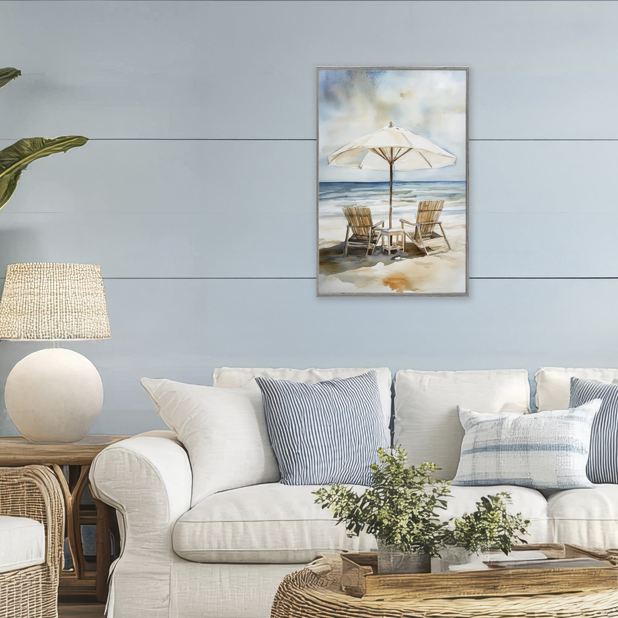 Stupell Industries Watercolor Paradise Beach Scene Gray Framed Giclee Art, design by Petal Prints Design