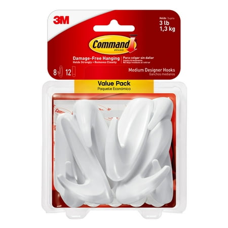 Along Power Puller 3 Hooks - Command Medium Designer Hooks Value Pack, White, 8 Hooks, 12 Strips (Holds 3 lb)