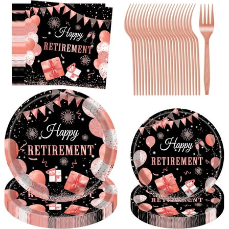 Jestar 96 Pcs Retirement Party Decorations Supplies Plates and Napkins Sets, Black & Pink