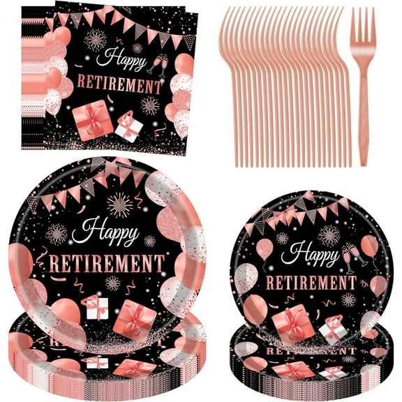 Jestar 96 Pcs Retirement Party Decorations Supplies Plates and Napkins Sets, Black & Pink