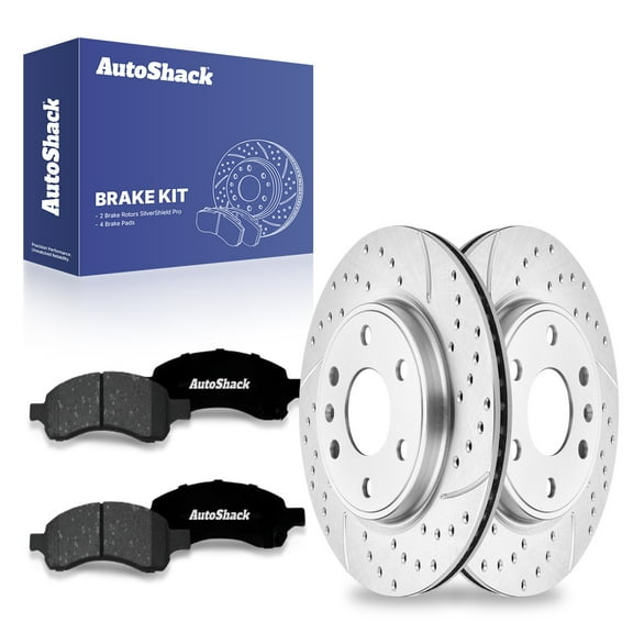 AutoShack Front Drilled & Slotted Brake Rotors Premium Ceramic Brake Pads | Replacement for Chevrolet Traverse GMC Acadia Buick Enclave AWD FWD | Zinc Coated | 6-PC Brake Kit | SilverShield Pro